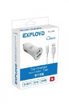 Зарядное устройство от прикуривателя 12-24в EXPLOYD EXPLOYD EX-Z-581 TYPE-C 3.4А 2.4А+1А 2хUSB белый C