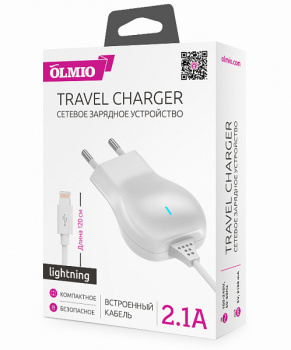 Зарядное устройство от сети 220в OLMIO 038608 lightning, 2.1А