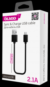 Кабель OLMIO 038660 USB 2.0 - microUSB 2м, 2.1A Чёрный