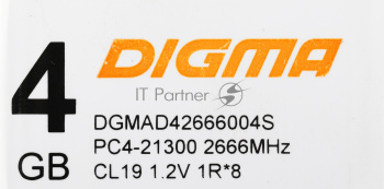 Оперативная память Digma, DDR4, 4GB (1x4GB), 2666MHz, CL19, DIMM