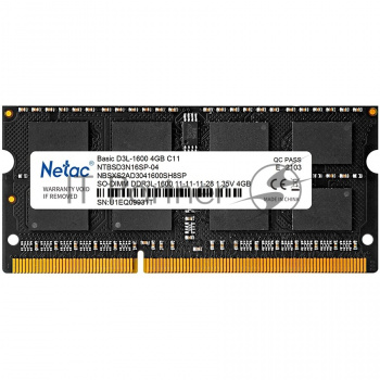 Оперативная память NETAC Basic, DDR3L, 4GB (1x4GB), 1600MHz, CL11, SO-DIMM